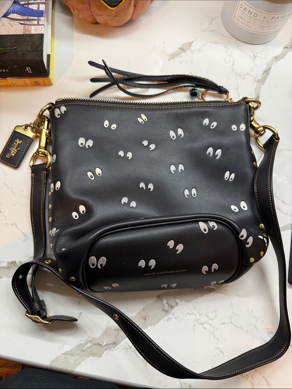 Coach Black Leather Crossbody with Playful White Eye Print